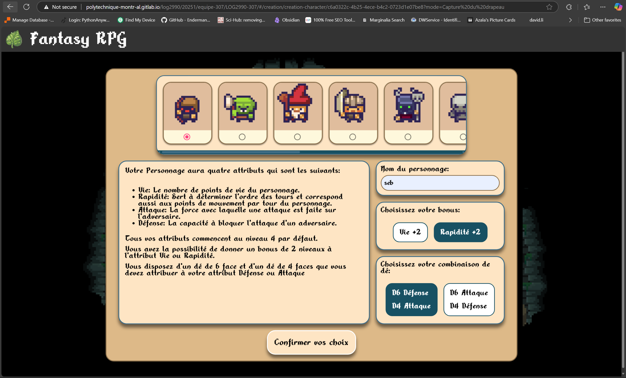 View of character creation